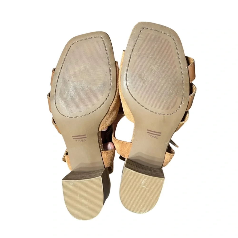 Toms Estella Suede Leather Brown Block Heel Sandal Open Toe Ankle Strap Buckle 6